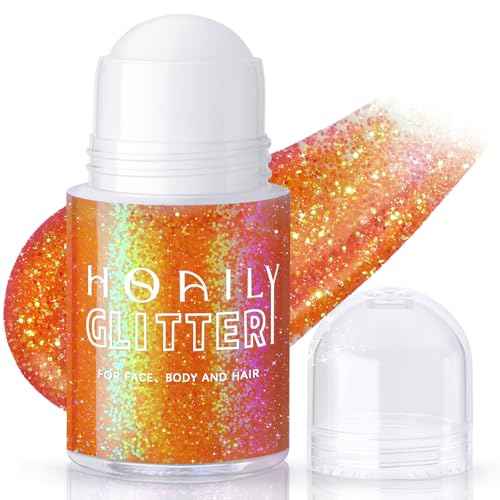 Roll-on Orange Body Glitter Gel for Face Hair, Holographic Chameleon Color Changing Face Paint Glitter Autumn Makeup, Chunky Mermaid Sequins Festival Party Rave Accessories Shimmer Makeup