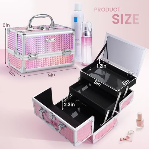 Shiny Pink Makeup Train Case with Mirror & Lock | 9x6x6