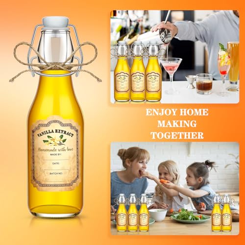 tchrules 12-Pack 8oz Clear Glass Vanilla Extract Bottles with Funnel,Twine & Labels Swing Top Glass Bottles Vanilla Essential Bottles Storage Containers for DIY Aromatherapy, Soap & Candle Making