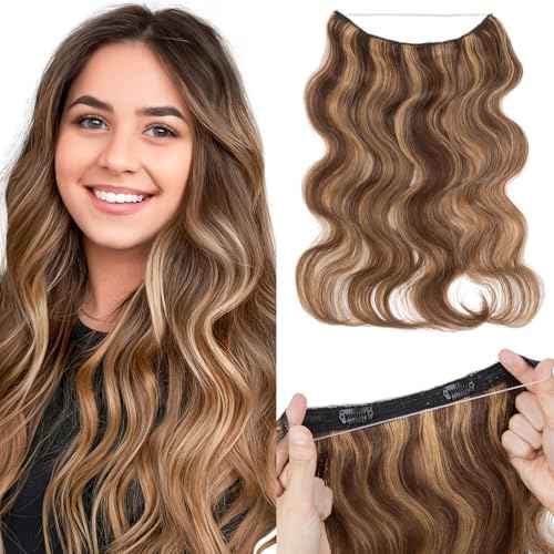 SEGO Halo Hair Extensions, Wavy Adjustable Invisible Wire Extensions, Real Human Hair, 2 Clips for Women Transparent Fish Line Extensions, Add Length Volume, 12 inches, Medium Brown Mixed Dark Blonde