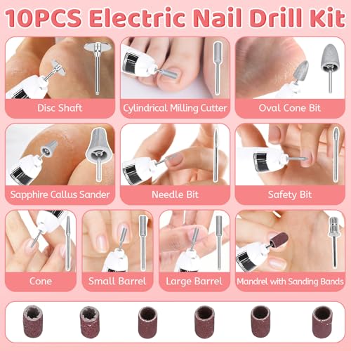 Electric Nail File,10 Speeds Cordless Nail Drill, Portable E Filer for Nails with LED Lighting, Battery Operated Rechargeable Power Nail File, Electric Nail Drill Kit for Thick Toenail Polishing