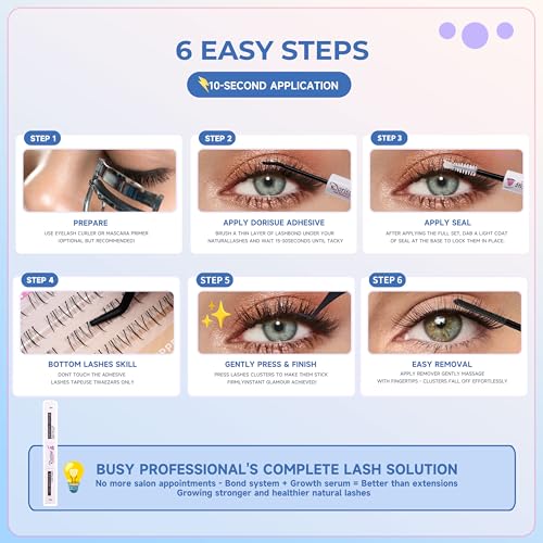Dorisue Luxury 8-Founction(3 Upper + 1 Lower) Cluster Lashes Kit with Eyelash Growth Serum - 168PCS Complete System (, Bond Seal Remover, Hypoallergenic Waterproof Professional Set