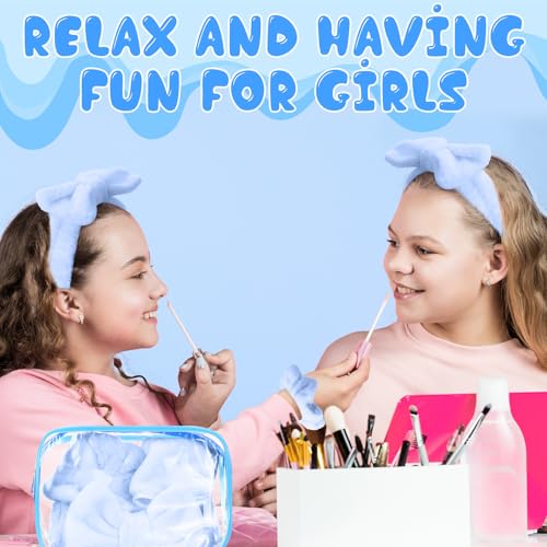 Mimorou 24 Pieces Sleepover Party Supplies Spa Party Favors 6 Spa Headband 6 Velvet Scrunchies 6 Makeup Remover Cloth 6 Clear Cosmetic Bags for Slumber Valentine Galentine Gift(Blue)