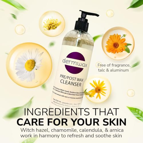 PreWax Cleanser Solution 16oz ? Prepares & Protects Skin by Removing Dirt & Oils ? Helps Improve Wax Adhesion for Smoother Results ? Pre Wax Cleanser with Witch Hazel, Chamomile & Calendula