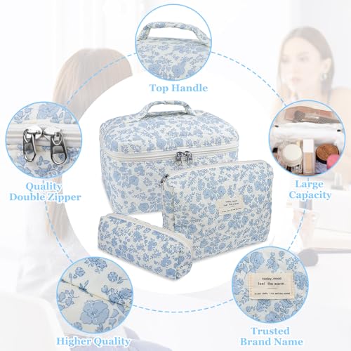 Gosect Quilted Makeup Bag Set 3-Piece Floral Cotton Organizer
