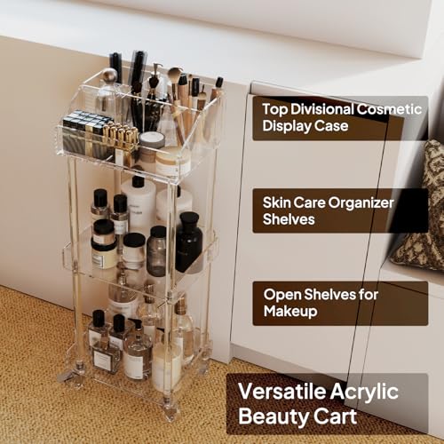 Aquiver 3-Tier Acrylic Makeup Organizer Cart - Rolling Vanity Storage