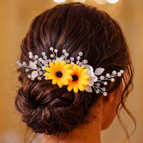 JEAIRTS Silver Sunflower Bridal Hair Comb with Pearls & Crystals - Wedding Accessory
