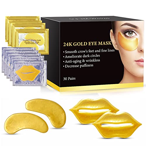 VERONNI Eye Lip Mask Set -20pcs Under Eye Patches,10pcs Gold Lip Mask -24K Gold Crystal Eye Lip Pads Treatment for Dry Lip,Dark Circles Eyes Moisturizing, Hydrating(Gold Eye Lip Mask Set)