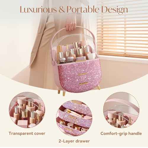 Bling Makeup Organizers for Teen Girl Gifts, Cosmetic Display Case with Clear Cover, Vanity Makeup Organizers for Lipstick Perfume Lotion and Skincare, Pink Diamond