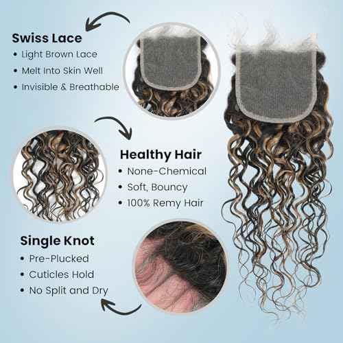 ALHER #F1B/27 Black and Blonde Highlight Water Wave 4x4 Lace Closure, 12A Skunk Stripe Color Wet n Wavy Free Part Melt Lace, 100% Virgin Remy Human Hair Pre Plucked With Baby Hair 150% Density 14 Inch