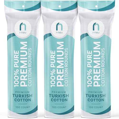 R-Neu 300 Count Premium [Turkish] Cotton Rounds, Stitched, Waffle Textured, 100% Pure & Natural Cotton Pads for Face, Hypoallergenic Makeup Remover (Packaging May Vary)