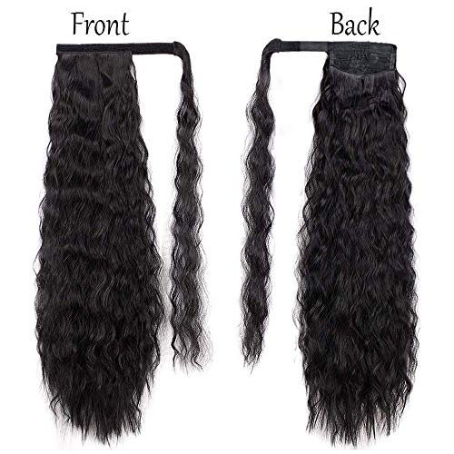 Stamped Glorious Long Corn Wave Ponytail Extension Magic Paste Heat Resistant Wavy Synthetic Wrap Around Ponytail Black Hairpiece for Women (22 Inch, 22 Inch-Black)