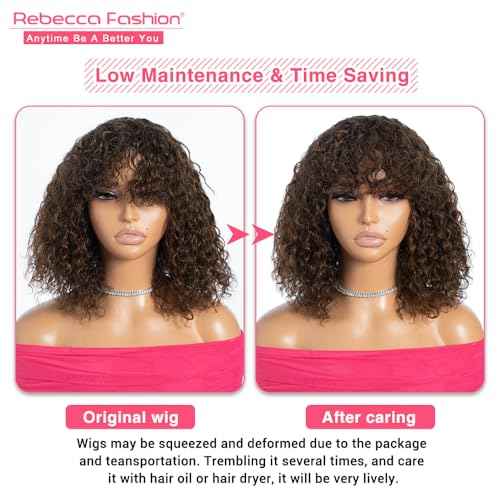 Rebecca Fashion Highlight Curly Bob Human Hair Wig with Bangs 12 Inch Short Curly Water Wave Bob Wig Human Hair Wigs for Black Women Glueless Wig 100% Brazilian Remy Hair Black Mixed Brown Color