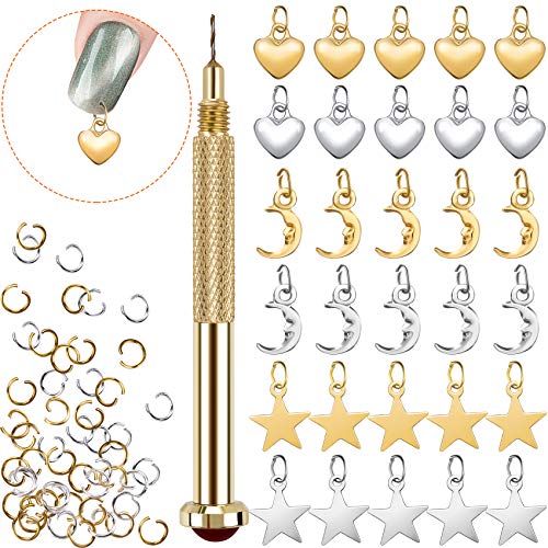 PAGOW 71 PCS Dangle Nail Art Charm, Nail Jewelry Rings with Nail Piercing Tool Hand Drill for Tips, Acrylic, Gels and Decorations