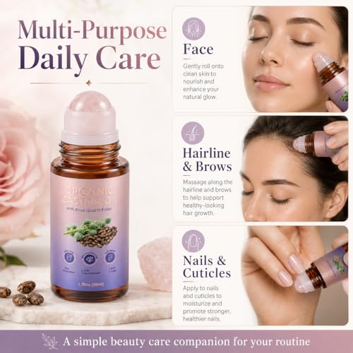 Organic Cold Pressed Castor Oil with Rose Quartz Roller for Brows & Lashes