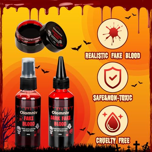 Oiomniv 5PCS Fake Blood Kit, 2.03oz Fake Blood Spray 2.03oz Dripping Blood 1.01oz Coagulated Blood Gel, Realistic Halloween SFX Makeup Washable for Zombie Vampire Cosplay Costume