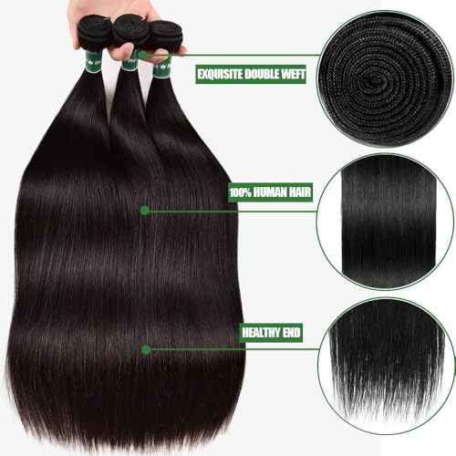 Straight Bundles with Closure Human Hair 24 26 28+20 Inch Brazilian Human Hair 3 Bundle with 4x4 HD Lace Closure Free Part 10A Grade 100% Unprocessed Virgin Hair Straight Bundles Natural Color