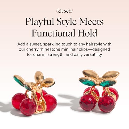 Kitsch Cherry Rhinestone Mini Claw Clips for Women - 2 Pack Strong Hold
