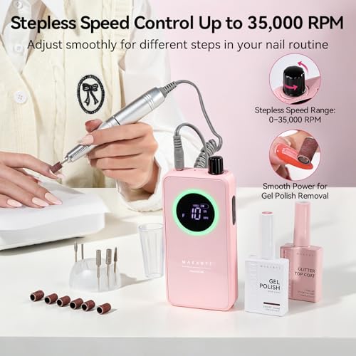 Makartt Pink Cordless Nail Drill for Beginners - Safe, Adjustable RPM, Rechargeable E-File