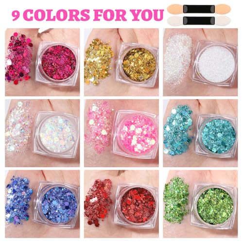 Teenitor 9 Color Face Glitter and 3 Gold Face Freckles Set - No Glue Needed Body Glitter Gel, Hair Glitter Festival Makeup for Parties, Halloween