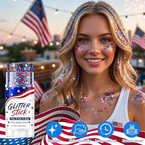 4th of July Glitter Hair & Body Glitter for Face Makeup - Red, White & Blue