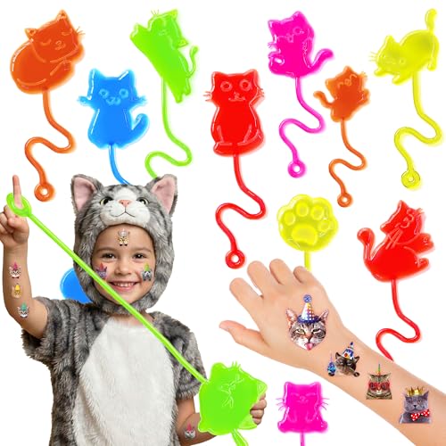 48PCS Cat Party Favors - 24PCS Temporary Tattoos & 24PCS Stick Hands - Perfect Birthday Party Supplies, Goodie Bag Stuffers, Treasure Box Toys, Classroom Prizes, and Student Gifts