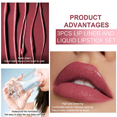 evpct 3-Piece Matte Liquid Lipstick & Lip Liner Set - Mauve, Pink, Red