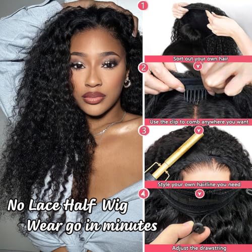 Deep Wave Human Hair Half Wig 20 Inch Natural Black 1B# Glueless, Wear & Go Style
