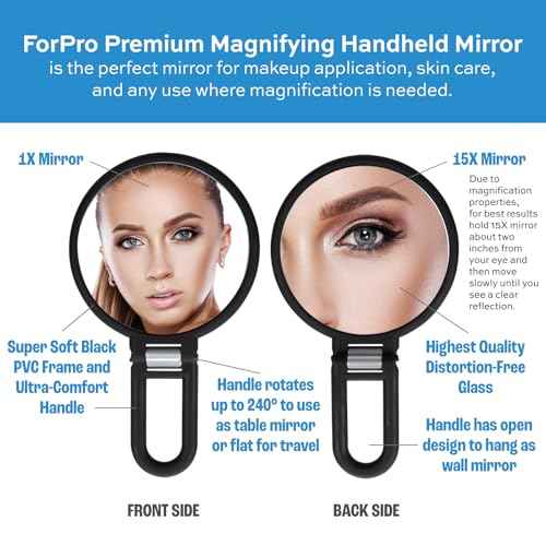 ForPro Professional Collection Premium Magnifying Handheld Mirror, 1X/15X Magnification Hand Mirror, Folding Adjustable Handle, for Makeup, Travel, Black