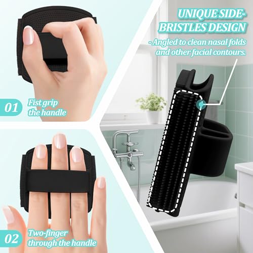 Silicone Back/Face Scrubber & Bath Glove Set 3PCS, Extendable Back Scrubber with Dual-Side Large Head, 360¡Æ Anti-Slip Bath Glove, Unique Side-bristle Face Scrubber for All-round Cleaning(Black)