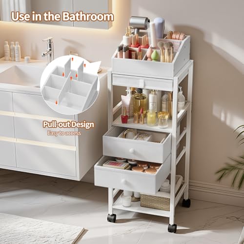 Luxspire Makeup Organizer Cart, Floor Skincare Organizers, Makeup Storage with Drawers, Vanity Organizer Cosmetics Display Cases Holder for Skin Care Perfume Nail Polish Makeup Brush Hair Tool, White