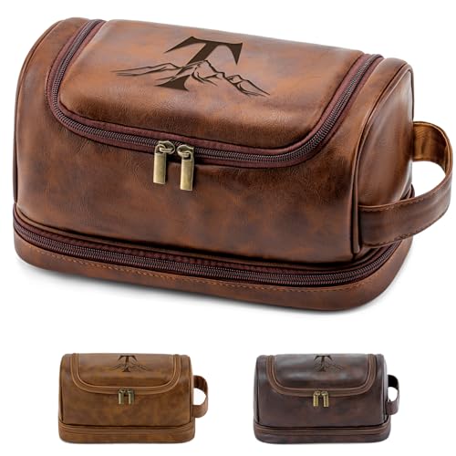 Personalized Hanging Travel Toiletry Bag for Men, Laser-Engraved Monogrammed Initial Shaving Bag for Toiletries Valentines Anniversary Cool Gifts for Men Husband Boyfriend Reddish Brown T