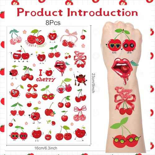 Cherry Temporary Tattoos Stickers - 200+ Cherry Birthday Decorations Cute Red Cherries Fake Tattoo Gifts for Kids Girls Funny Fruit Themed Party Favors Supplies Women Men Prizes Rewards