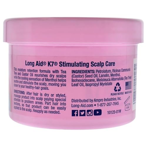 AmPro Long-Aid K7 Stimulating Scalp Care Conditioner - Tea Tree and Castor Oil Nourishes Dry Scalps - Cooling Sensation of Menthol Helps Soothe and Energize - Free of Alcohol and Dyes - 8 oz