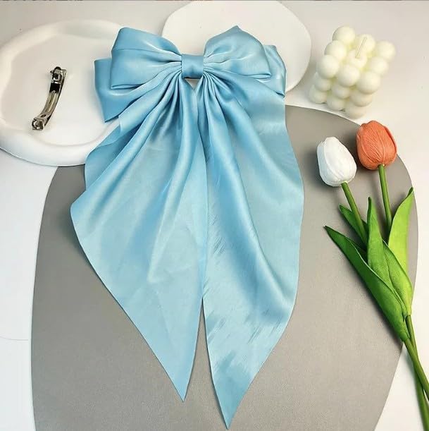 Light Blue Jumbo Silky Satin Bow Clip Hair Barrettes with Long Tails - Large French Metal Bowknot Hairpins for Girls