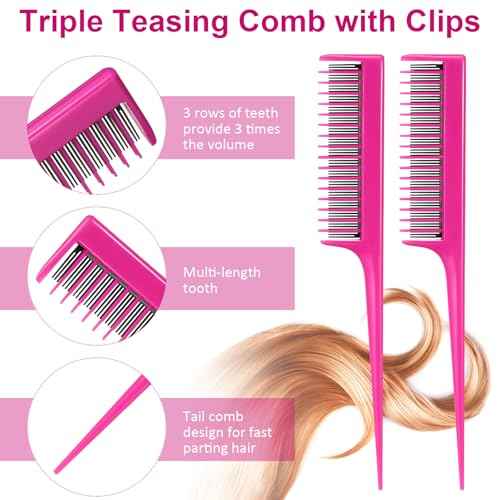 Patelai 3 Pcs Hair Teasing Comb Set Includes 2 Nylon Triple Comb and Boar Bristle Teaser Brushes for Women Stylist Men Backcombing Slicking Curly Thick Wet Hair(Pink)