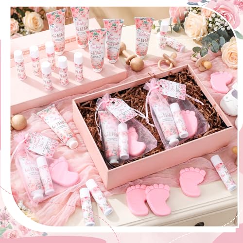 Loopeer 30 Set/150 Pcs Pink Flowers Baby Shower Favors for Guests Gifts Hand Cream Lip Balm Soap Party Favors Gifts Travel Size with Organza Bags, Thanks You Card for Baby Shower Birthday Wedding