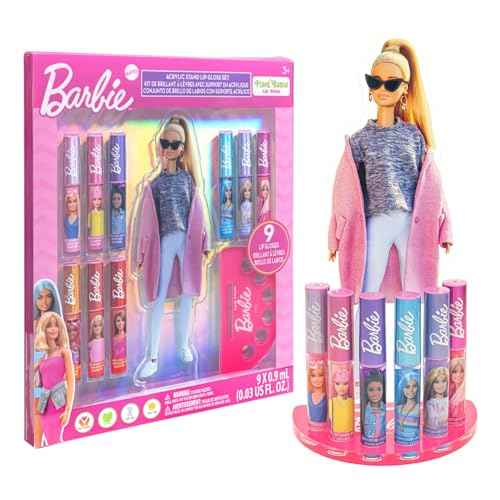 Barbie Lip Gloss with Acrylic Stand for Storage and Display, Plant Based Lip Gloss, Perfect for Parties, Sleepovers, Makeovers, Birthday Gift for Girls, Age 3+, by Townley Girl
