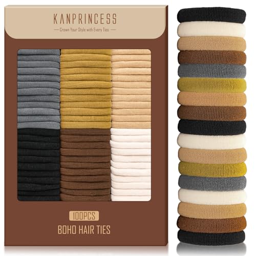 Kanprincess Nylon Hair Ties 100PCS No-Damage Soft Elastic Bands for Women, Brown White Mixed Color