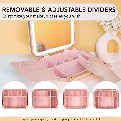 Lighted Makeup Case with Mirror - Standard Size 11.4" x 9" - Travel Makeup Case With Mirror - Rechargeable LED Travel Vanity Case with Adjustable Brightness - Train Case Makeup Bag - Pink