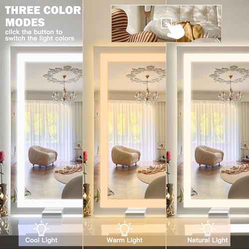 ROLOVE 38"x28" Inch Large Lighted Vanity Mirror, 3-Color Lighting & Dimmable Modes, LED Makeup Mirror for Bathroom/Dressing Room (Wall/Tabletop Mount, White)