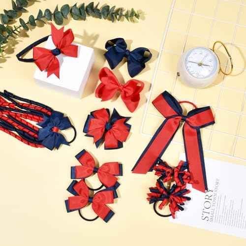 DEEKA Navy Blue & Red School Hair Accessories Set 13 Pcs Uniform Hair Bow Headband Clips Hair Ties Curly Korker Bows for Little Toddler School Girls (Navy Blue&Red)