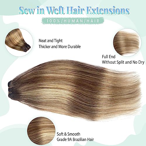 Sew in Hair Extensions Real Human Hair, 16 Inch 100G Weft Bundles Ombre Brown and Blonde Balayage Highlights Weave for Women