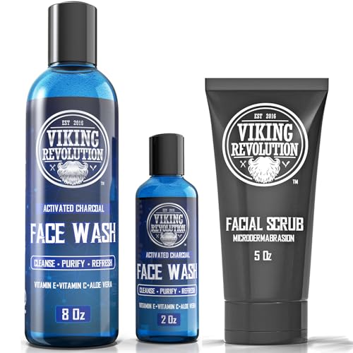Viking Revolution Microdermabrasion Face Scrub for Men and Charcoal Face Wash for Men - Facial Cleanser for Skin Exfoliating, Deep Cleansing, Removing Blackheads, Acne - Daily Charcoal Facial Cleanser