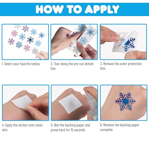 96 PCS Blue Snowflake Pre-Cut Temporary Tattoos Sticker Winter Birthday Christmas Party Decorations Decor Supplies Favors Gifts for Girls Boys Baby Showers Cute Fake Tattoos Classroom Reward Themed