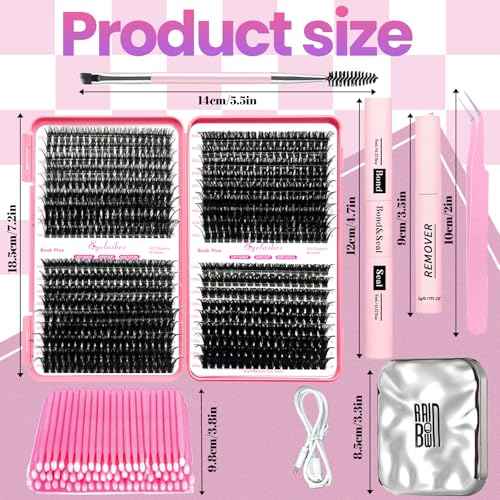 DIY Lash Extension Kit with 684pcs Lashes Clusters,1X/2X Magnification Compact Mirror with Light,Lash Bond and Seal,Eyelash Remover Tweezers Applicator Mascara Brush(50-60-80-100D)
