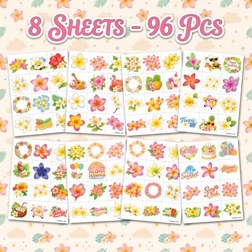 96 PCS Plumeria Hawaiian Flower Temporary Tattoos - Kids Party Favors