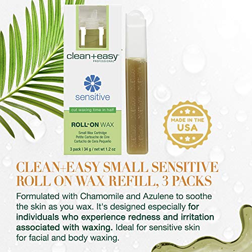 Clean + Easy Sensitive Roll On Wax ? Small Wax Refill Cartridges for Delicate & Sensitive Skin, Hair Removal for Face, Brows & Bikini, 3 Pack
