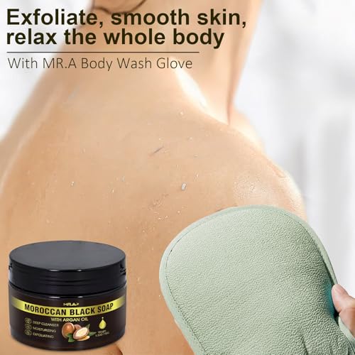 Moroccan Black Soap with Argan Oil – 2 Pack Hammam Body Scrub with Exfoliating Glove