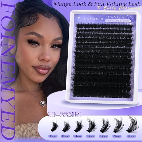 Lash Clusters with Spikes 300D Manga Volume Lash Clusters Evil Look Eyelash Clusters 10-22MM Thick Eyelash Extensions D-Curly Individual Lash Extensions DIY at Home by FOINEMYED